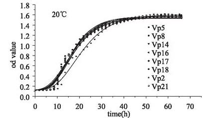 不同耐药性致病副溶血性弧菌在20℃、25℃、37℃下的生长曲线（二）